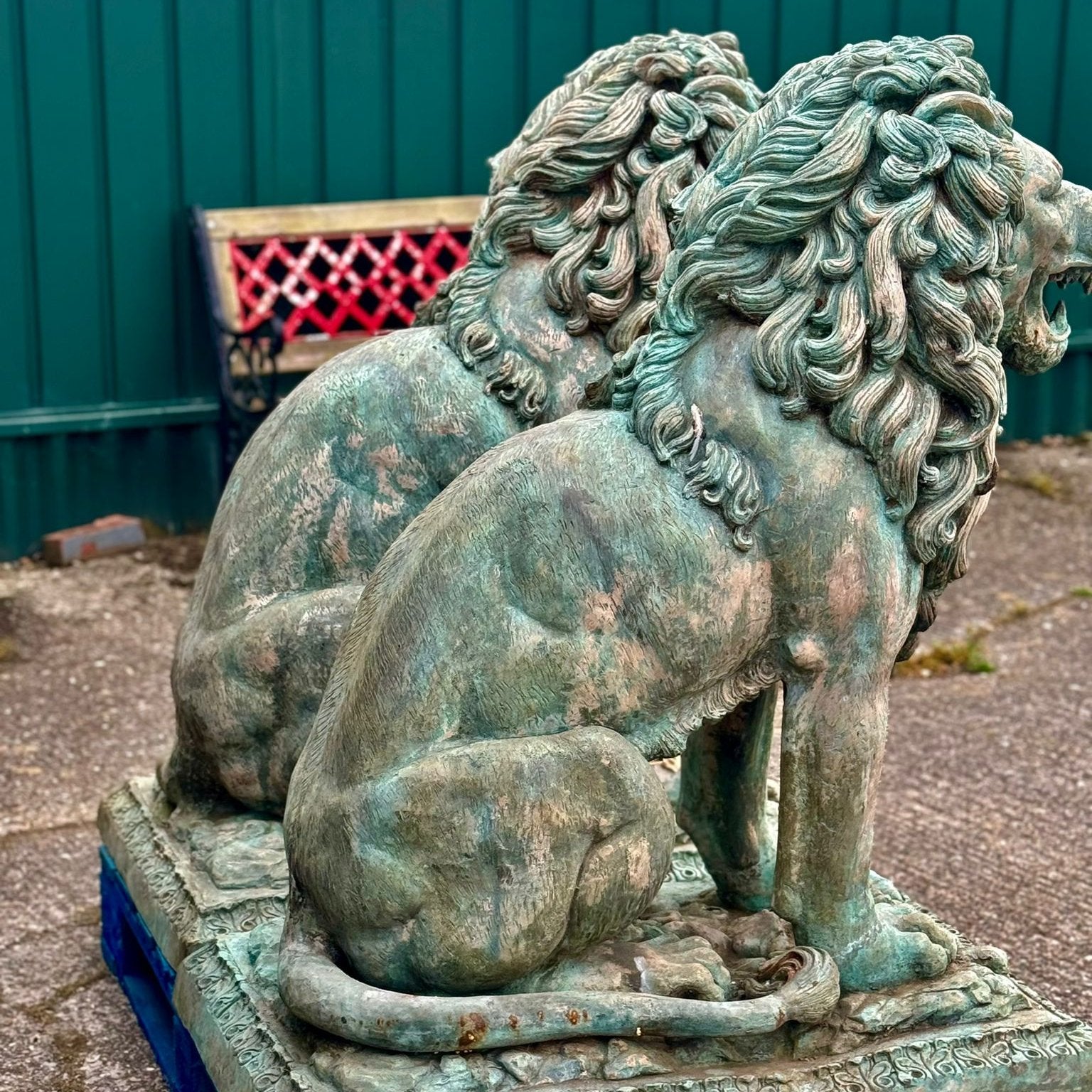 Heavy Bronze Verdigris Lions Pair (Antique)