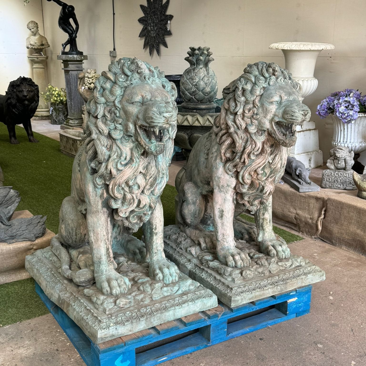 Heavy Bronze Verdigris Lions Pair (Antique)