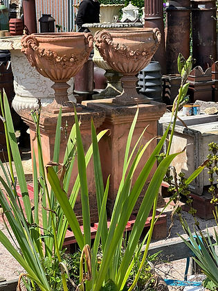Victorian Terracotta Urns with Satyrs & Plinths Included